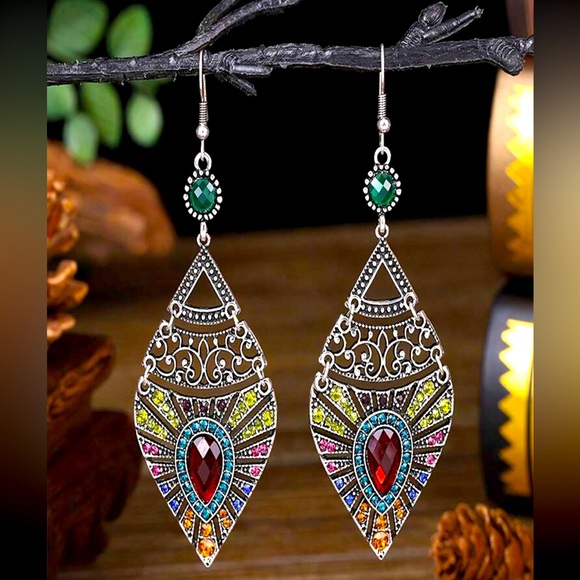 Artisan Jewelry - Boho Tibetan Teardrop Colorful Pendant Dangle Large Crystal Statement Earrings